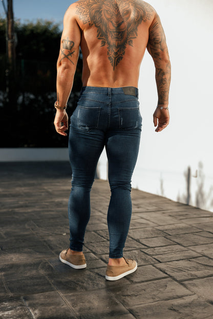 Father Sons Ultra Comfortable Mid Blue Slim Fit Jeans with Stylish Distressed Rips - FSJEAN013
