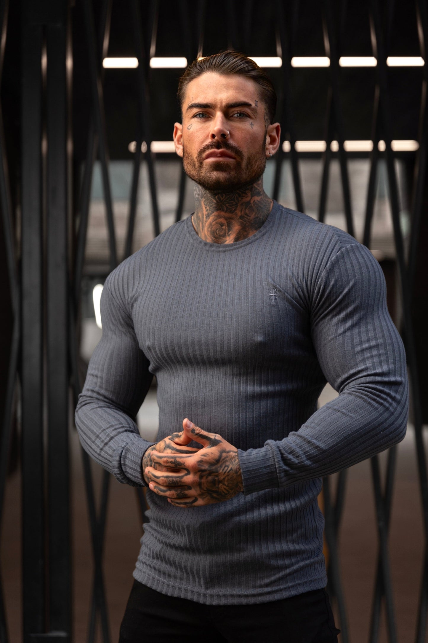 Elevate Your Wardrobe with the Father Sons Classic Charcoal Ribbed Knit Sweater Featuring Elegant Tonal Embroidery - FSH946