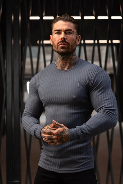 Elevate Your Wardrobe with the Father Sons Classic Charcoal Ribbed Knit Sweater Featuring Elegant Tonal Embroidery - FSH946