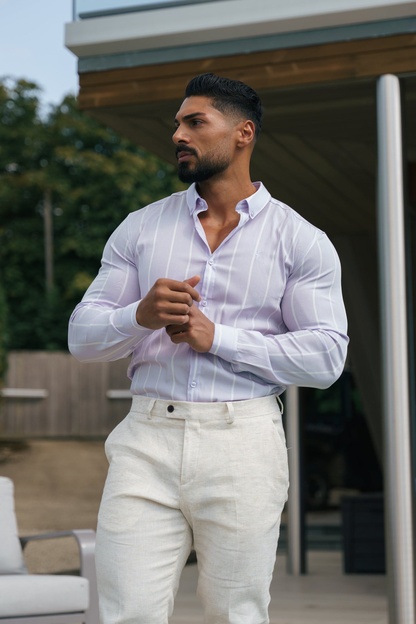 Father Sons Lilac Printed Wide Stripe Long Sleeve Shirt - Super Slim Stretch Fit with Button Down Collar - FS1067