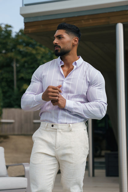 Father Sons Lilac Printed Wide Stripe Long Sleeve Shirt - Super Slim Stretch Fit with Button Down Collar - FS1067