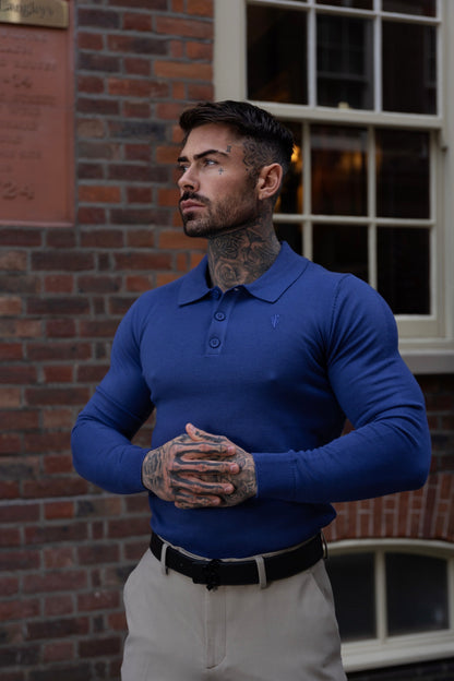 Classic Ocean Blue Knitted Long Sleeve Polo Jumper for Men with Stylish Tonal FS Embroidery - Father Sons Collection