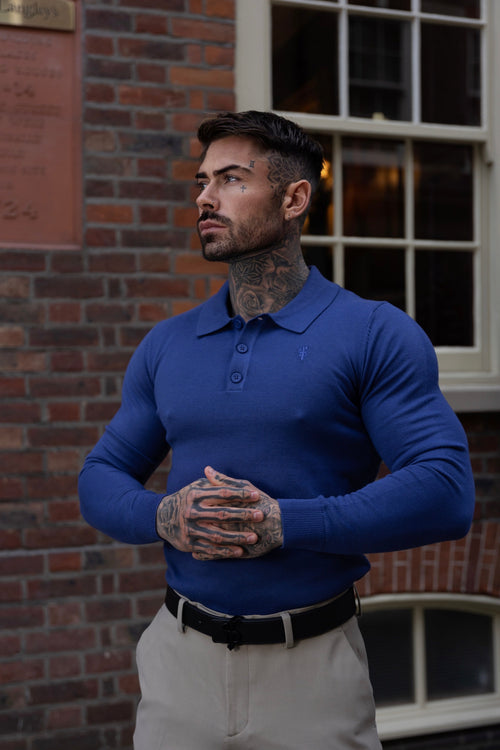 Classic Ocean Blue Knitted Long Sleeve Polo Jumper for Men with Stylish Tonal FS Embroidery - Father Sons Collection