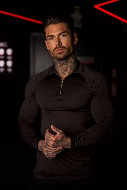 Elevate Your Workout with the Father Sons Solid Black and Gold Half Zip Long Sleeve Gym Top - FSH887