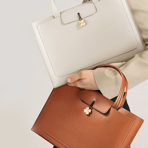 Elegant Women's Leather Briefcase - Pink - Beige - PU Leather - For Professional Use