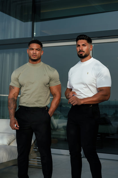 Stylish Olive Ribbed High Neck Crew Short Sleeve Top for Father Sons - FSH1010