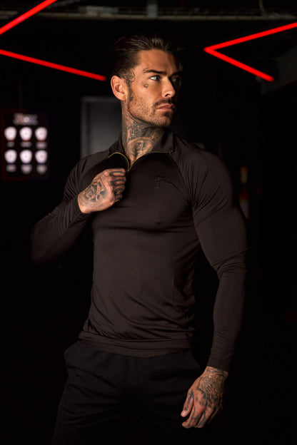 Elevate Your Workout with the Father Sons Solid Black and Gold Half Zip Long Sleeve Gym Top - FSH887