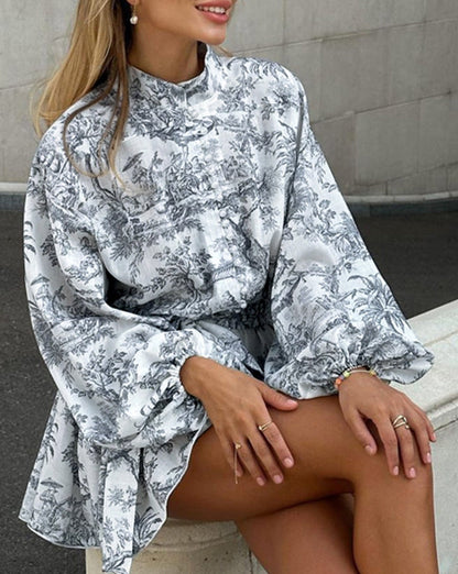 Ink Painting Print Tie Up A-Line Short Dress