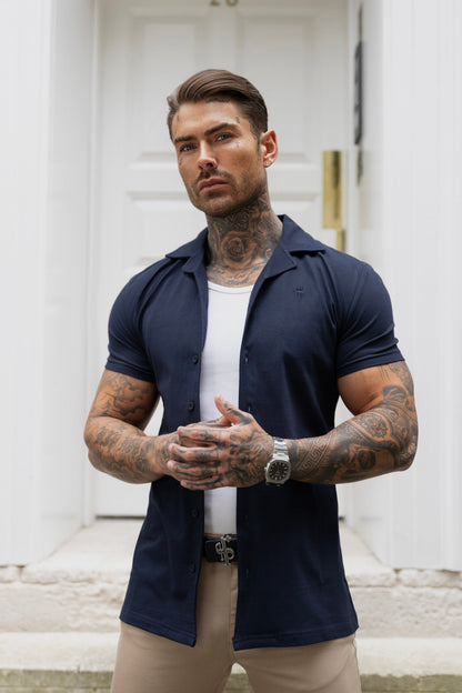Elevate Your Style with the Father Sons Short Sleeve Navy Stretch Pique Revere Shirt - FSH1069