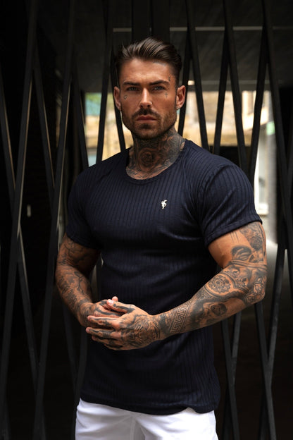 Classic Navy & Gold Ribbed Knit Super Slim Fit Short Sleeve Crew for Men - Perfect for Any Occasion!