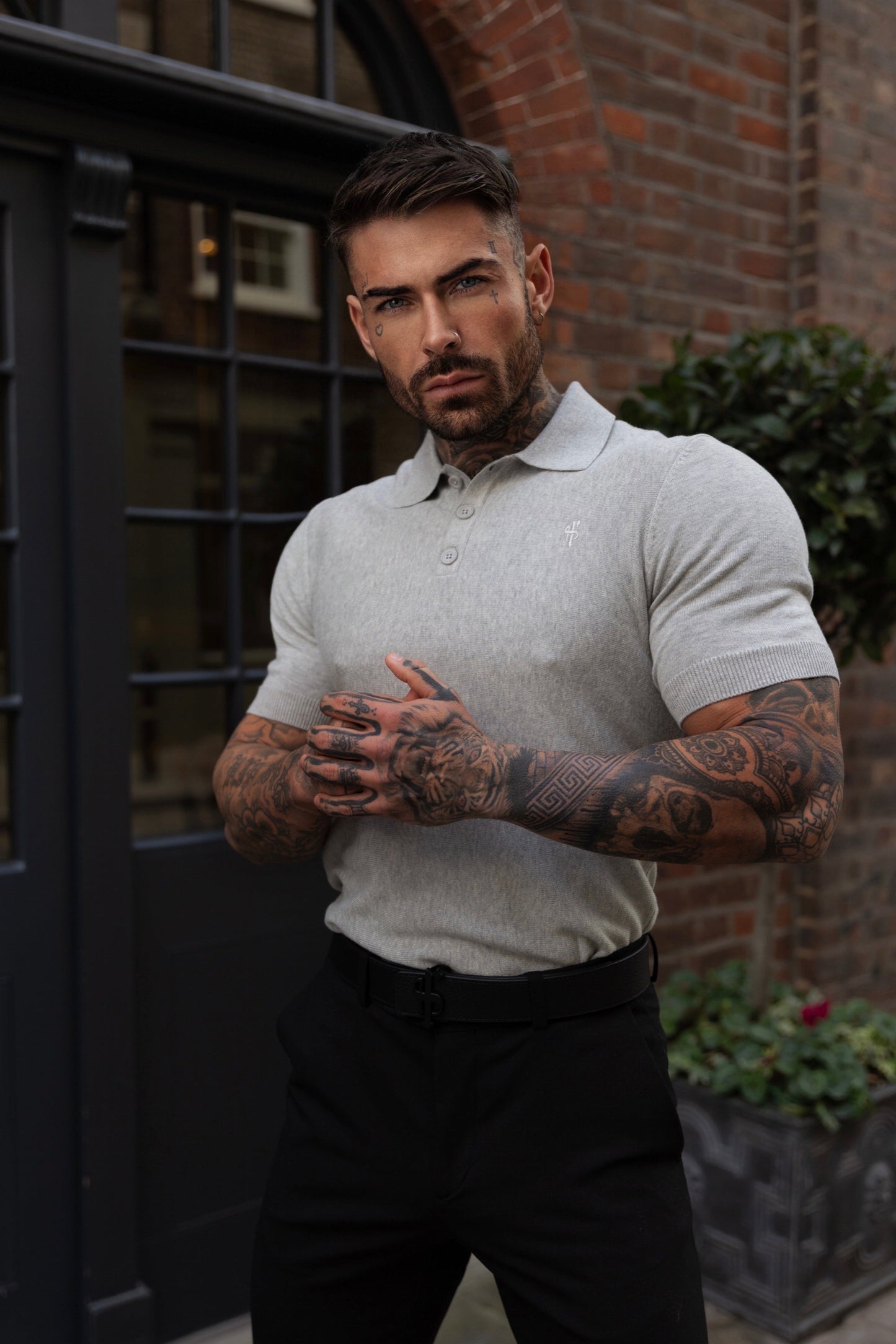 Elevate Your Wardrobe with the Father Sons Classic Light Grey Knitted Polo – Short Sleeve Style (FSN110)