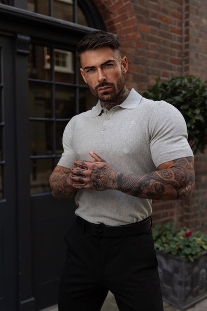Elevate Your Wardrobe with the Father Sons Classic Light Grey Knitted Polo – Short Sleeve Style (FSN110)
