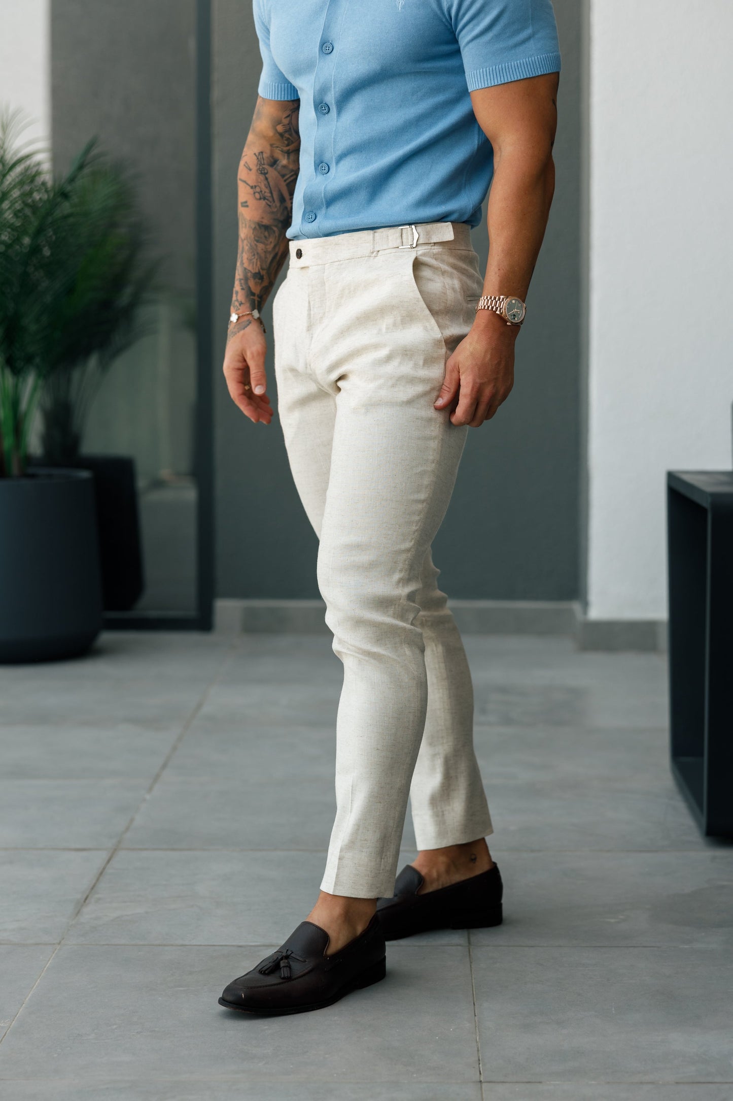 Elevate Your Formal Look with Father Sons Slim Cream Linen Trousers Featuring Side Adjusters - FST020