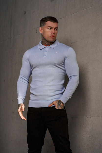 Timeless Pale Blue Knitted Polo Jumper for Men - Long Sleeve with Subtle Tonal FS Embroidery - Model FSN142