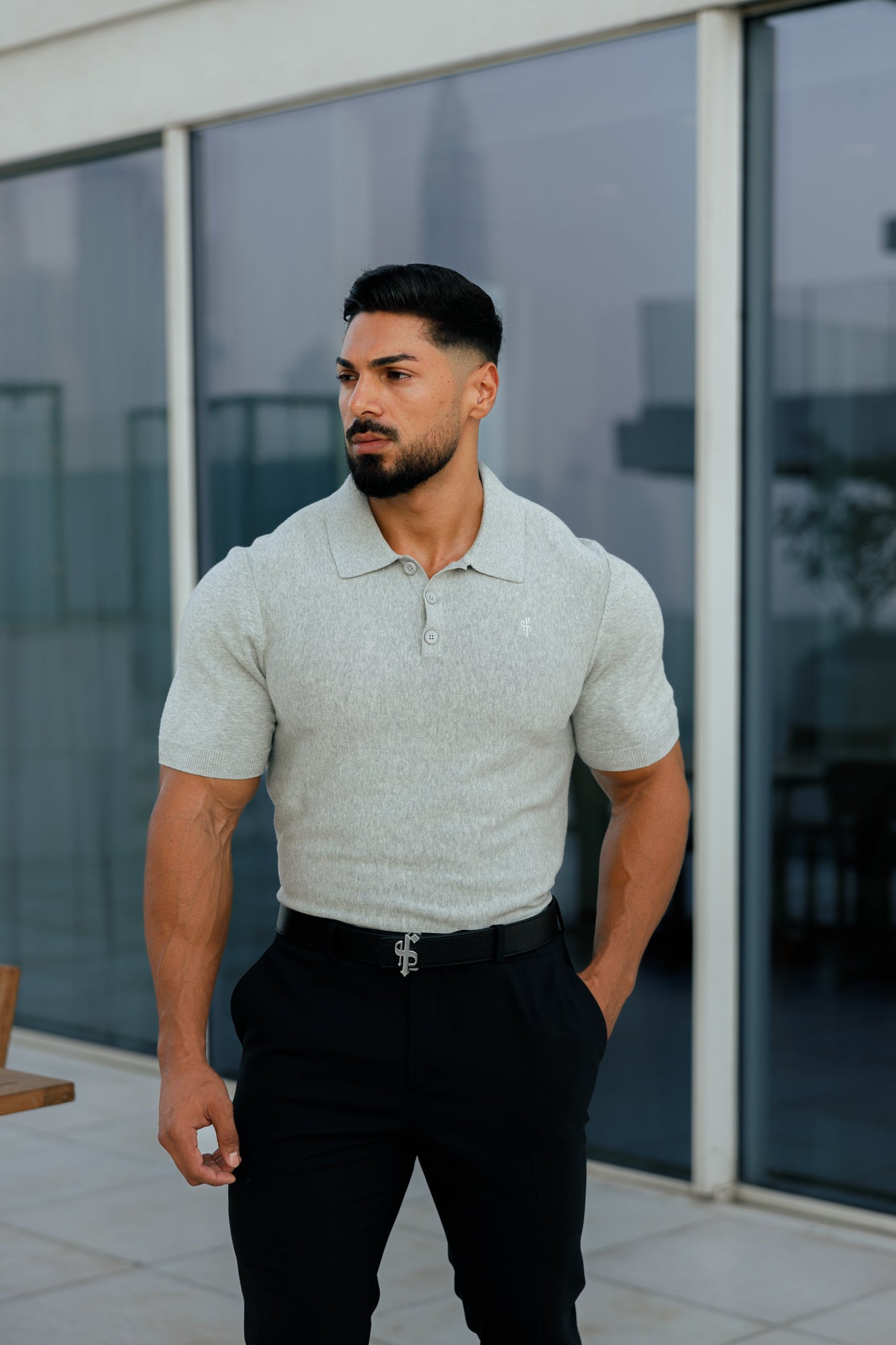 Elevate Your Wardrobe with the Father Sons Classic Light Grey Knitted Polo – Short Sleeve Style (FSN110)