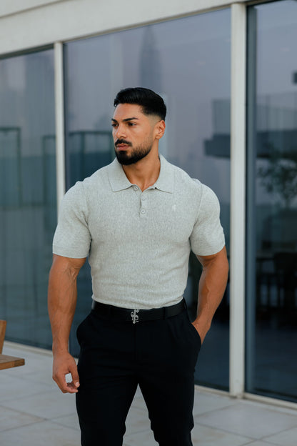 Elevate Your Wardrobe with the Father Sons Classic Light Grey Knitted Polo – Short Sleeve Style (FSN110)