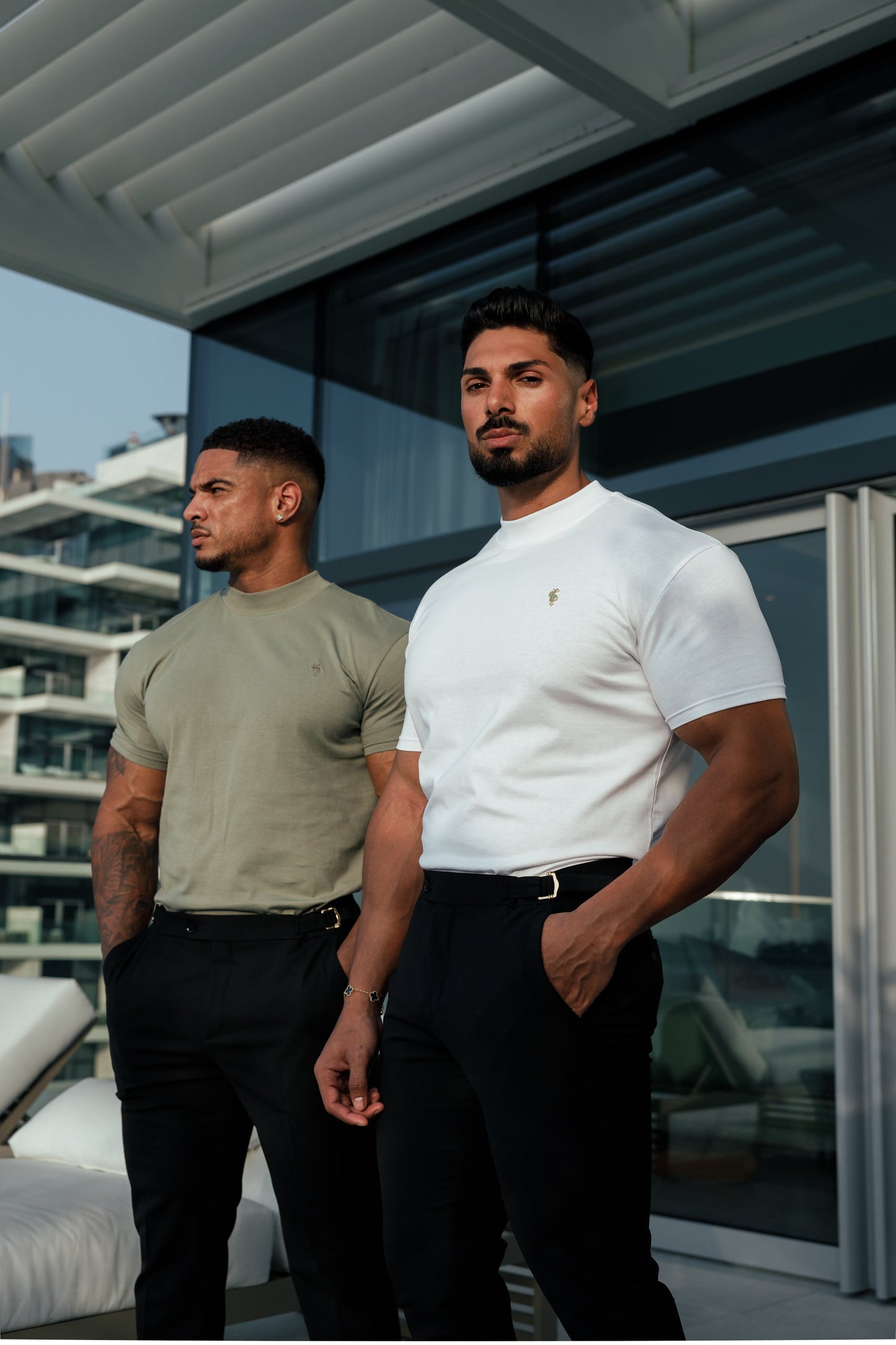 Stylish Olive Ribbed High Neck Crew Short Sleeve Top for Father Sons - FSH1010