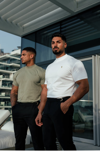 Stylish Olive Ribbed High Neck Crew Short Sleeve Top for Father Sons - FSH1010