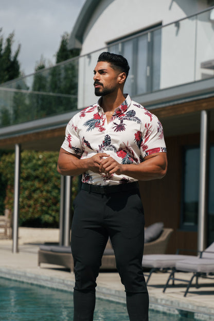 Chic Floral Print Button-Down Shirt in Classic Stretch - White/Rust - FS1106