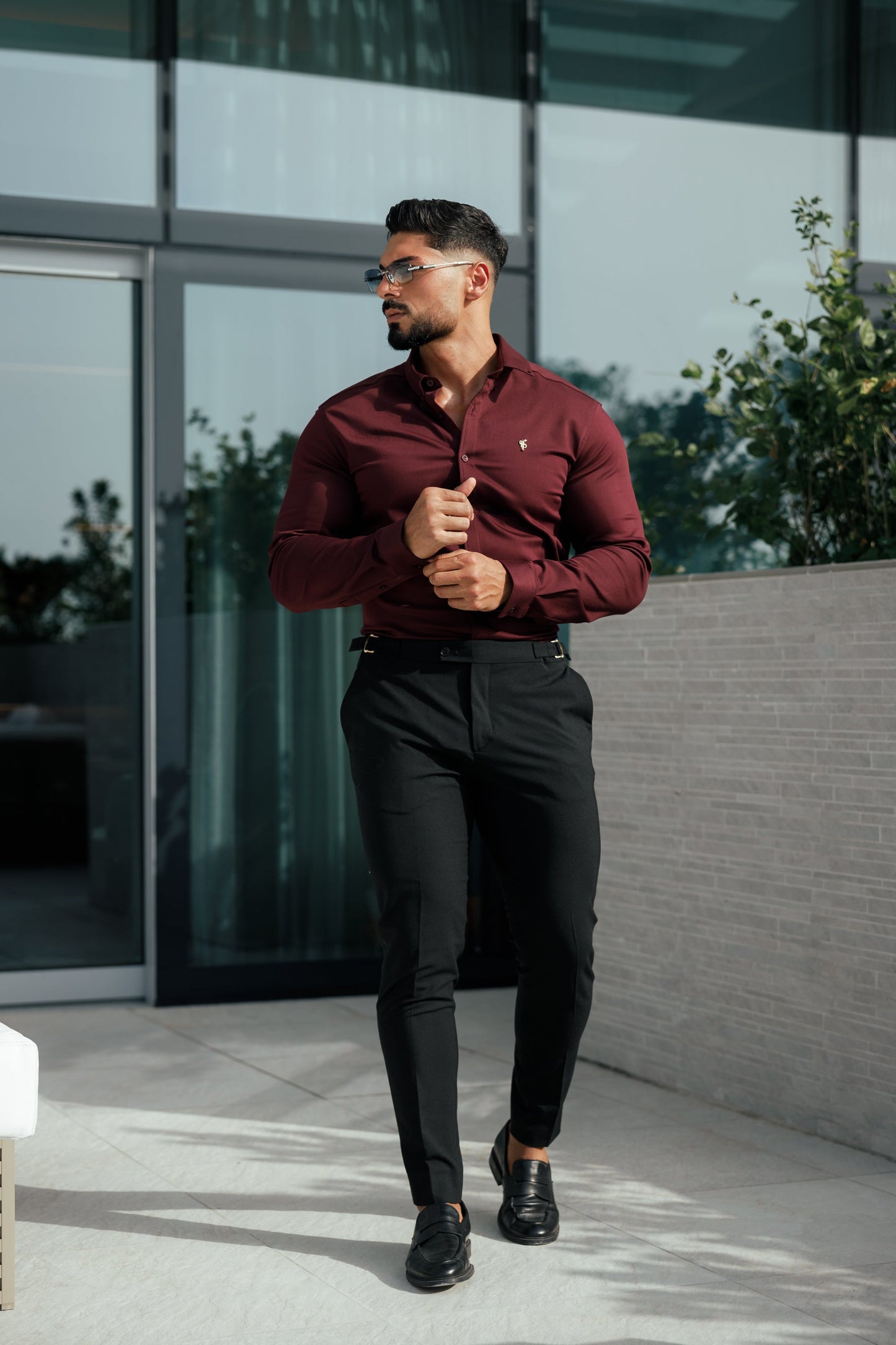 Father Sons Burgundy Super Slim Stretch Denim Shirt with Gold Accents and Button-down Collar - FS1046