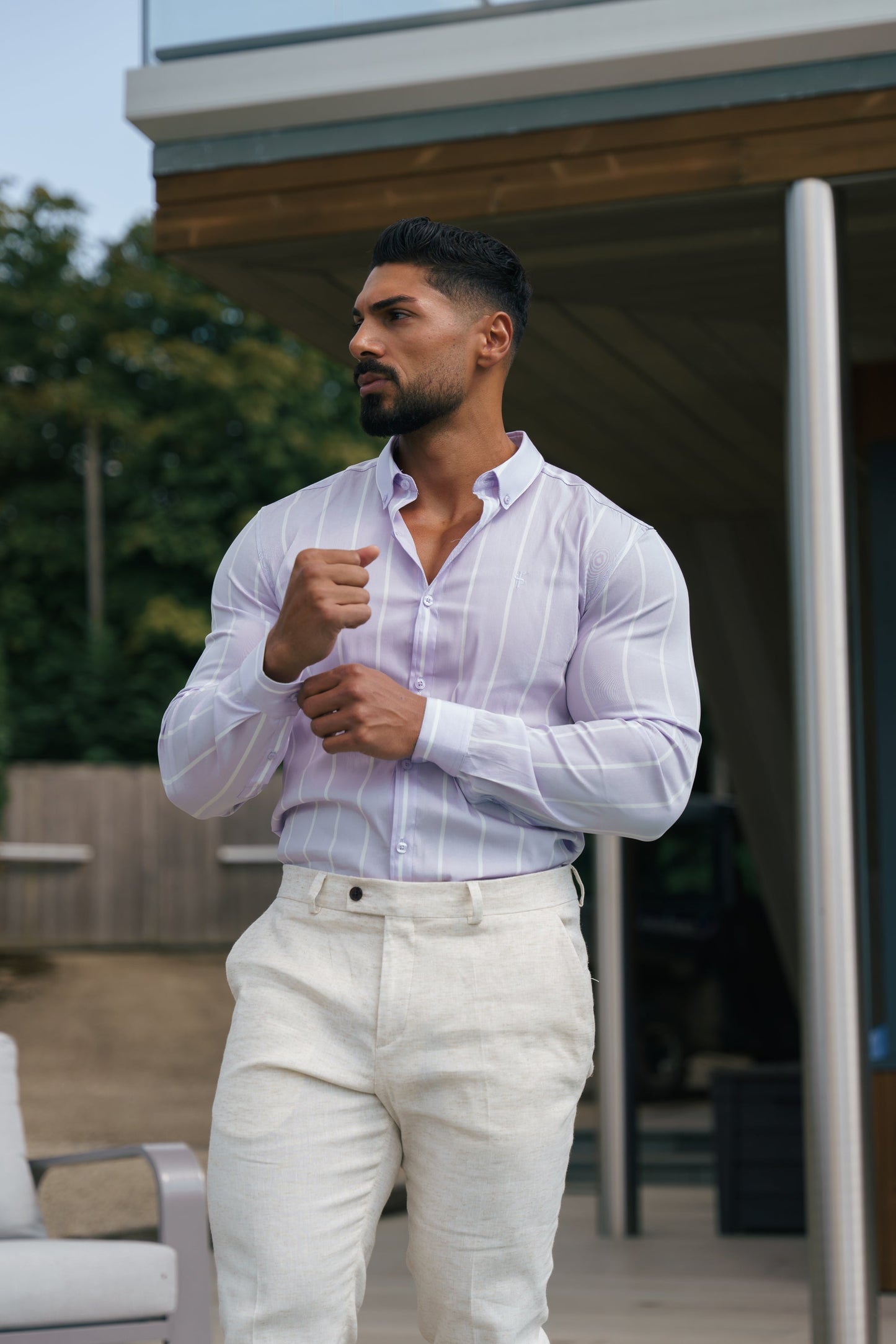 Father Sons Lilac Printed Wide Stripe Long Sleeve Shirt - Super Slim Stretch Fit with Button Down Collar - FS1067