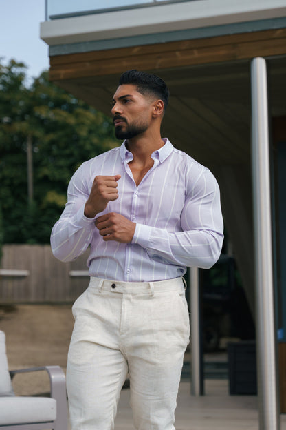 Father Sons Lilac Printed Wide Stripe Long Sleeve Shirt - Super Slim Stretch Fit with Button Down Collar - FS1067