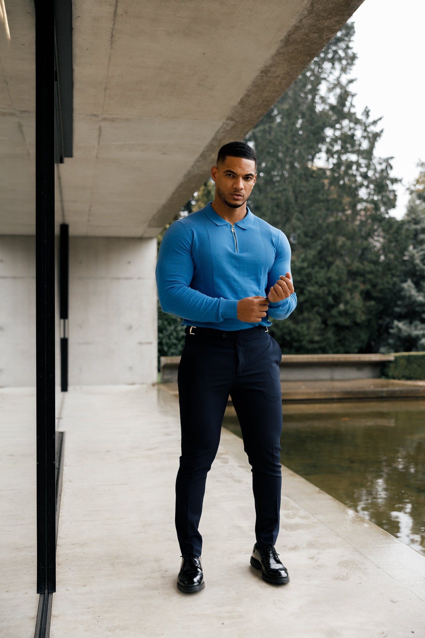 Elegant Mid Blue & Gold Long Sleeve Zip Knit Polo Shirt for Men - FSN129 by Father Sons