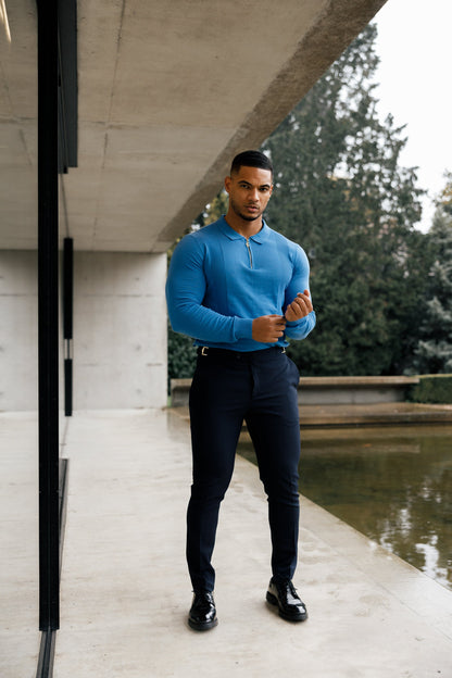 Elegant Mid Blue & Gold Long Sleeve Zip Knit Polo Shirt for Men - FSN129 by Father Sons