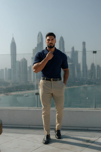 Elegant Navy Knitted Polo Shirt for Men - Short Sleeve Classic by Father Sons - FSN109