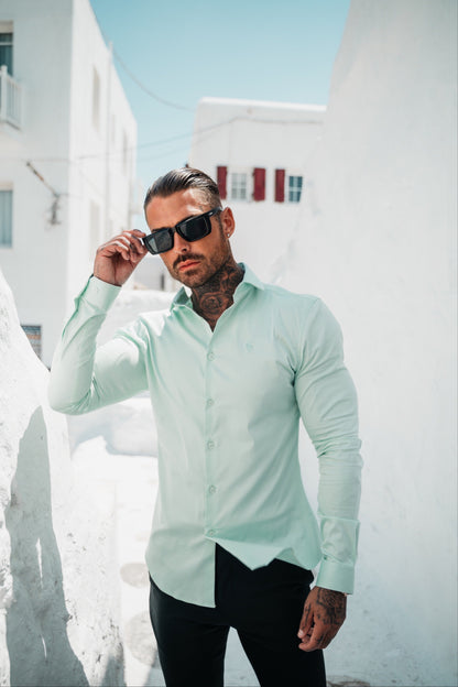 Stylish Mint Long Sleeve Slim Sateen Shirt for Dads by Father Sons - FS967