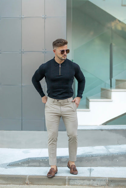 Elevate Your Wardrobe with the Father Sons Timeless Black and Gold Long Sleeve Zip Polo Shirt - FSN126