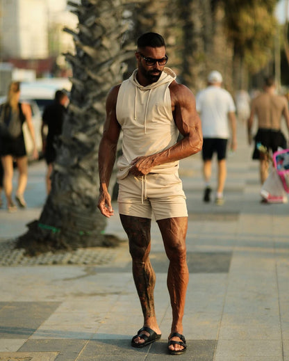 Elevate Your Workout: Father Sons Stylish Sleeveless Beige Gym Hoodie - FSH896
