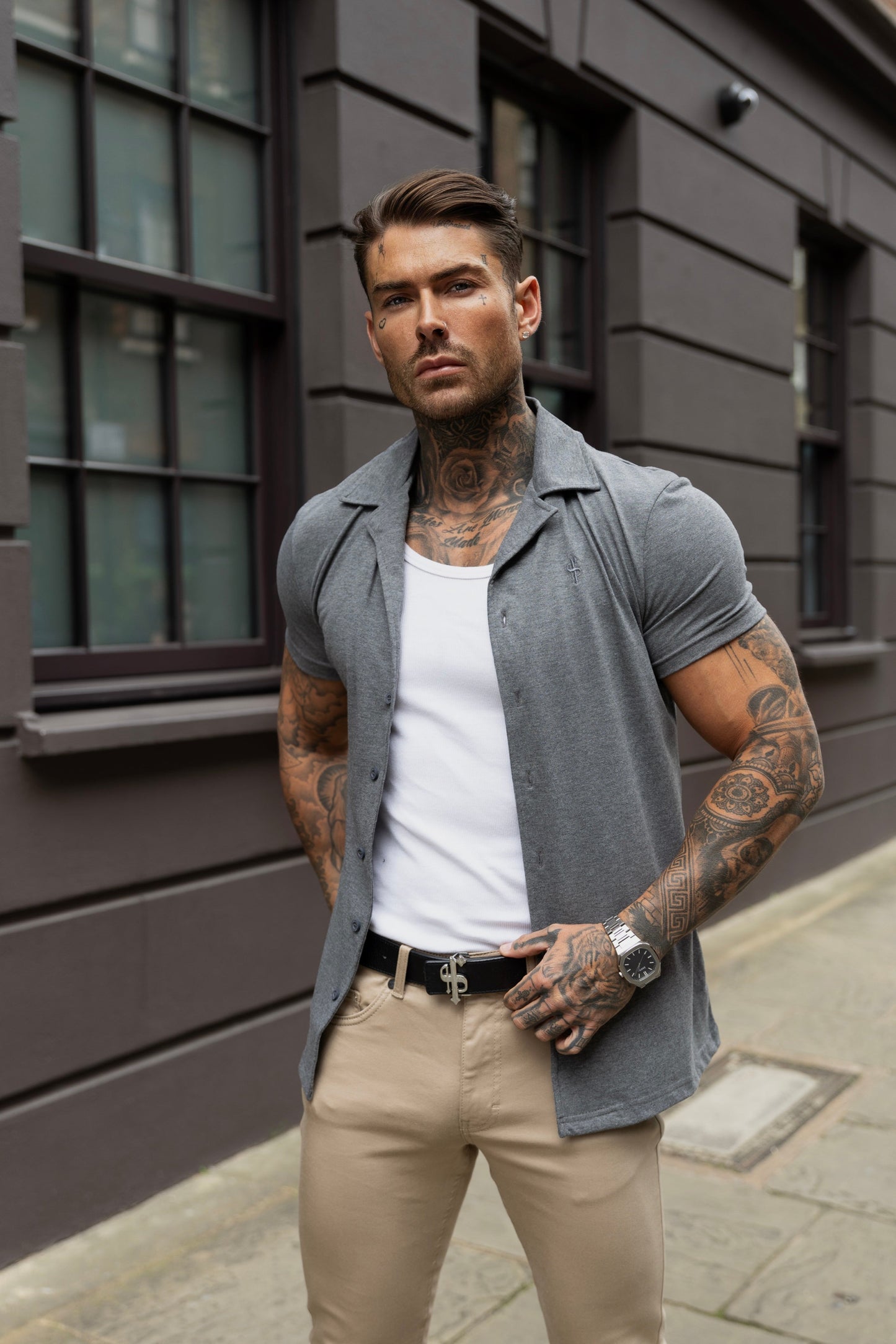 Elevate Your Style with the Father Sons Stretch Dark Grey Pique Revere Short Sleeve Shirt - FSH1073