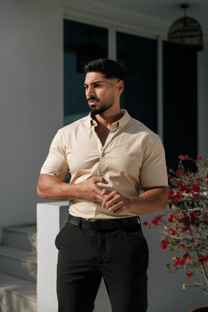 Elevate Your Style with Father Sons Super Slim Fit Beige Short Sleeve Shirt Featuring a Button Down Collar - FS982