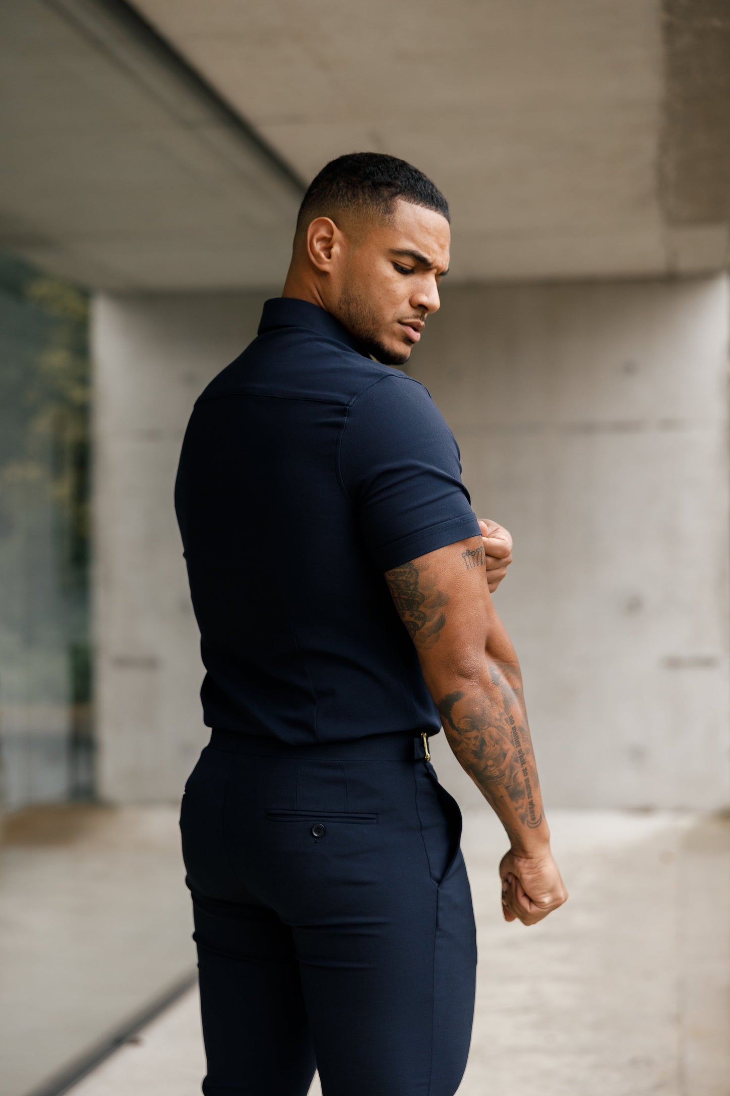 Elevate Your Style with Father Sons Super Slim Navy Scuba Short Sleeve Stretch Shirt - FS832