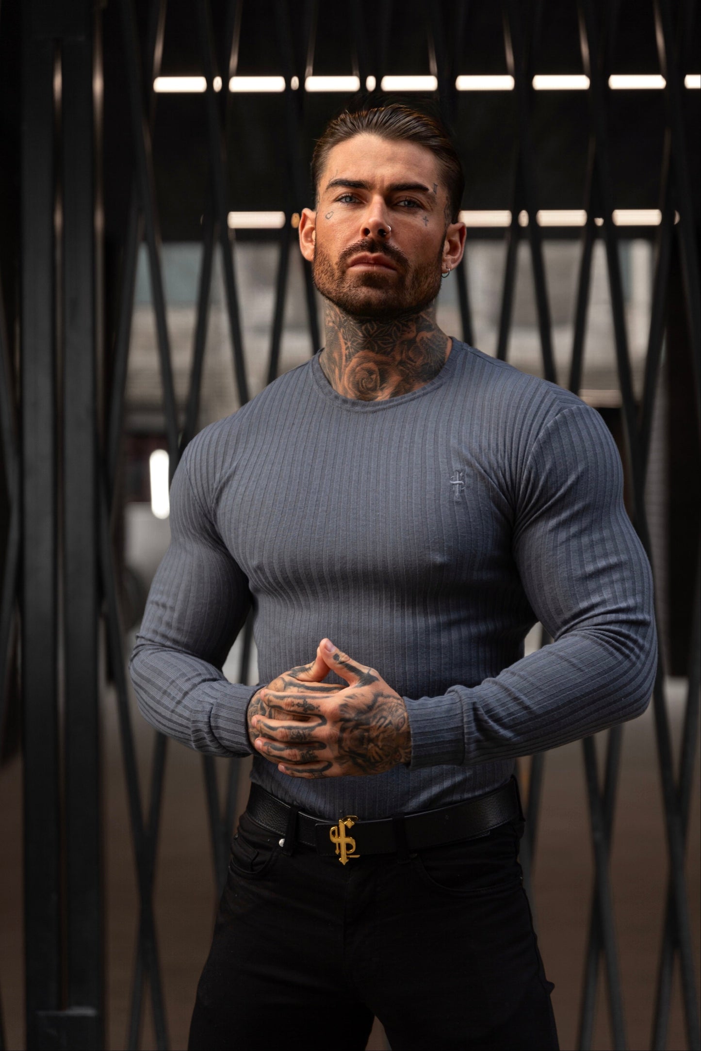 Elevate Your Wardrobe with the Father Sons Classic Charcoal Ribbed Knit Sweater Featuring Elegant Tonal Embroidery - FSH946