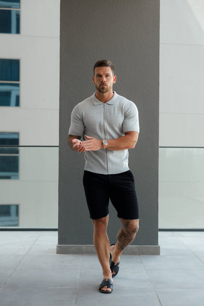 Elevate Your Wardrobe: Father Sons Light Grey Short Sleeve Knit Zip-Up with Chic Textured Design - FSN154