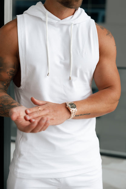 Elevate Your Workout with the Father Sons Sleek Sleeveless White Gym Hoodie - FSH897