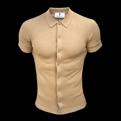 Elevate Your Style with the Father Sons Classic Coffee Knit Polo - Short Sleeve Button-Up - FSN163