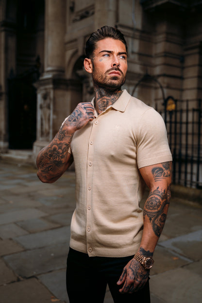Elevate Your Style with the Father Sons Classic Beige Knitted Short Sleeve Polo – FSN104