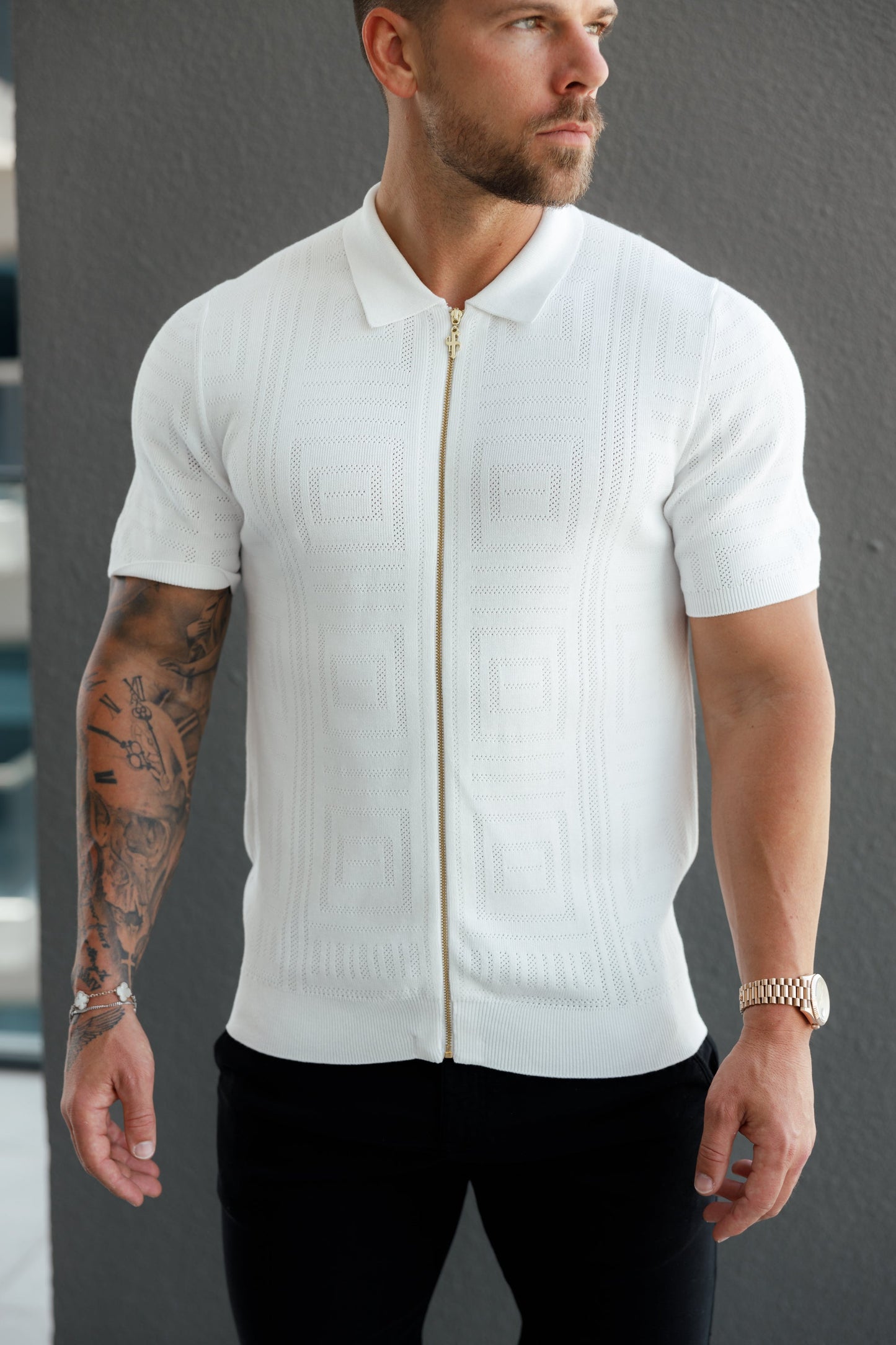 Elevate Your Style: Father Sons Classic Geo Knit Short Sleeve Zip-Up in Off White - FSN148