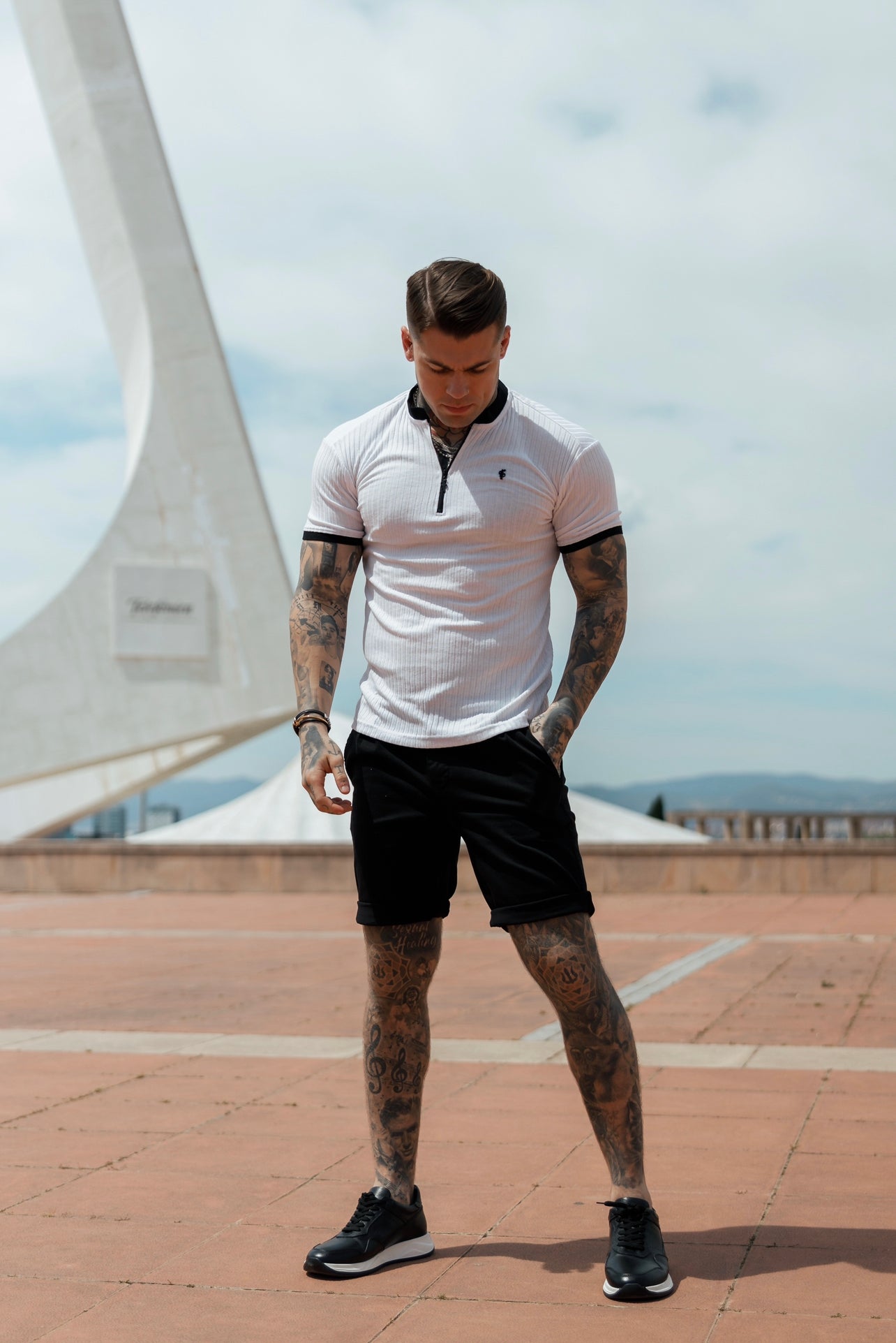 Elevate Your Style with the Father Sons Classic Ribbed Zip Grandad Collar Shirt in Crisp White/Black - Short Sleeve FSH815