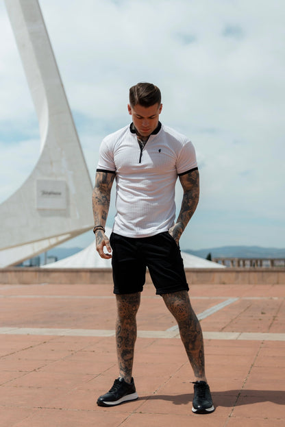 Elevate Your Style with the Father Sons Classic Ribbed Zip Grandad Collar Shirt in Crisp White/Black - Short Sleeve FSH815