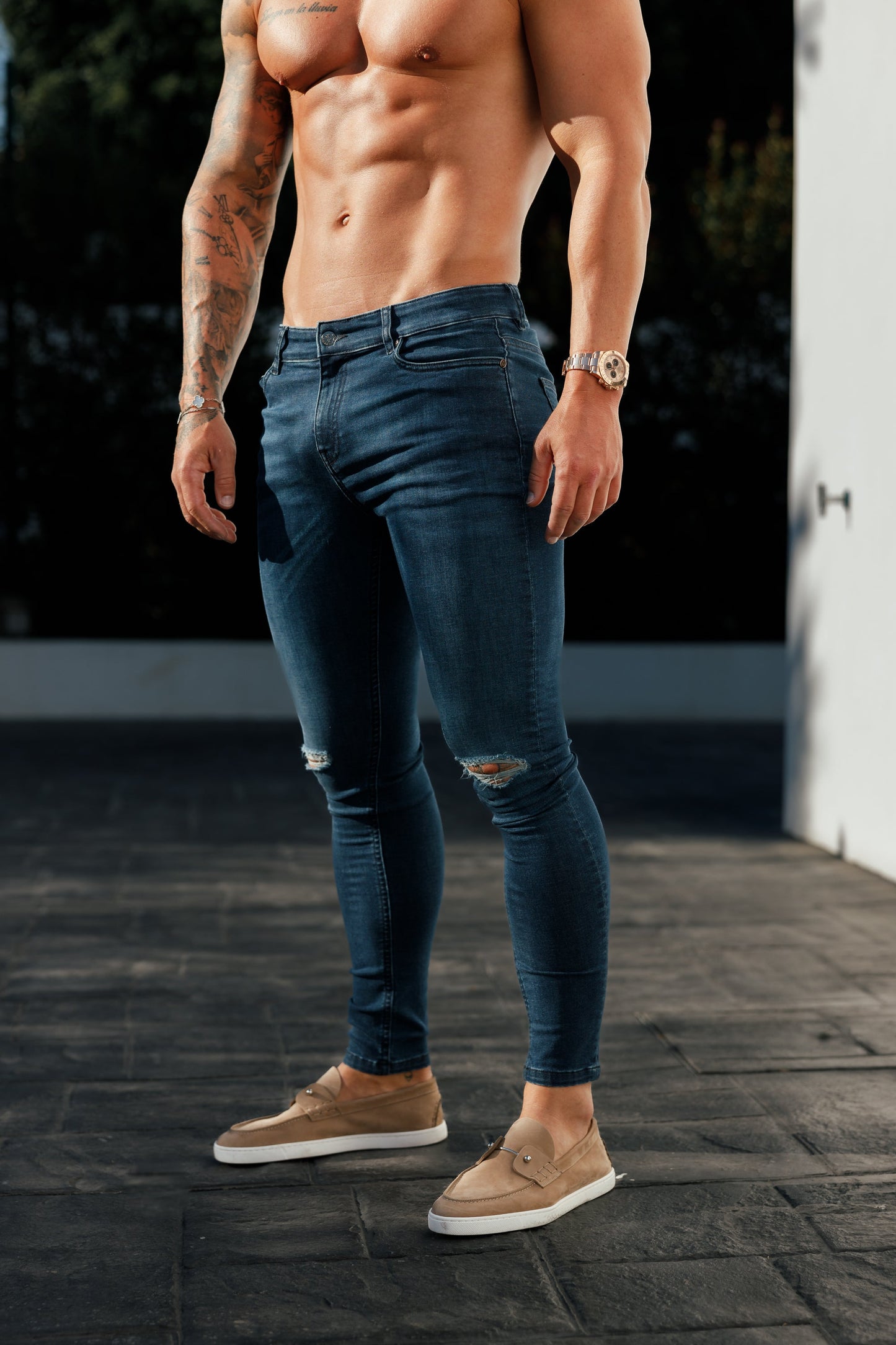 Father Sons Slim Fit Mid Blue Ultra Stretch Jeans with Trendy Knee Rips - FSJEAN011