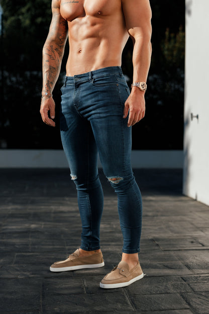Father Sons Slim Fit Mid Blue Ultra Stretch Jeans with Trendy Knee Rips - FSJEAN011