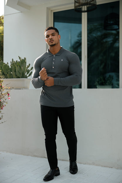 Elevate Your Style: Classic Charcoal Long Sleeve Ribbed Polo Shirt with Silver Accents by Father Sons - FSH971