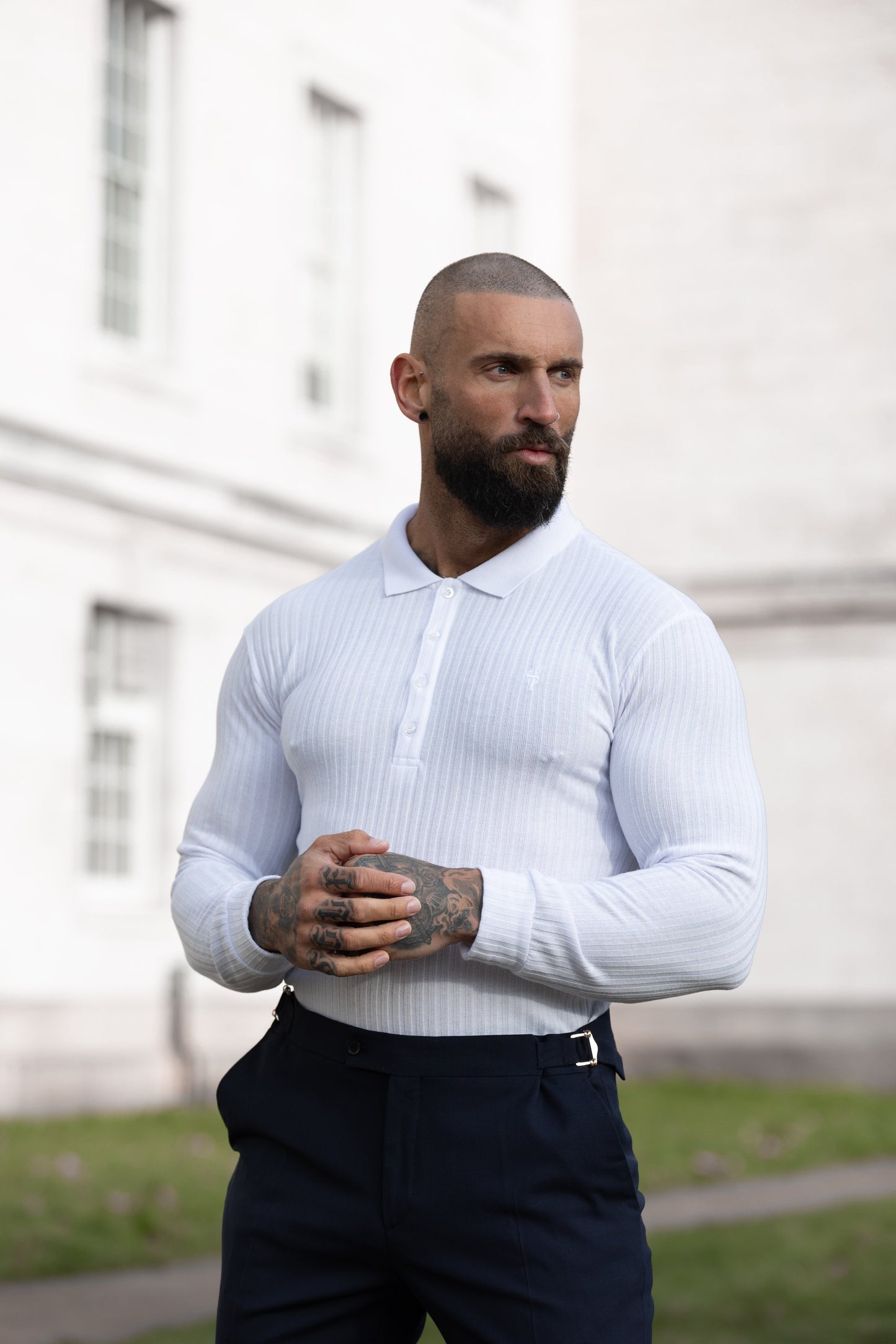 Timeless Elegance: Father Sons White Long Sleeve Ribbed Polo Shirt - FSH974