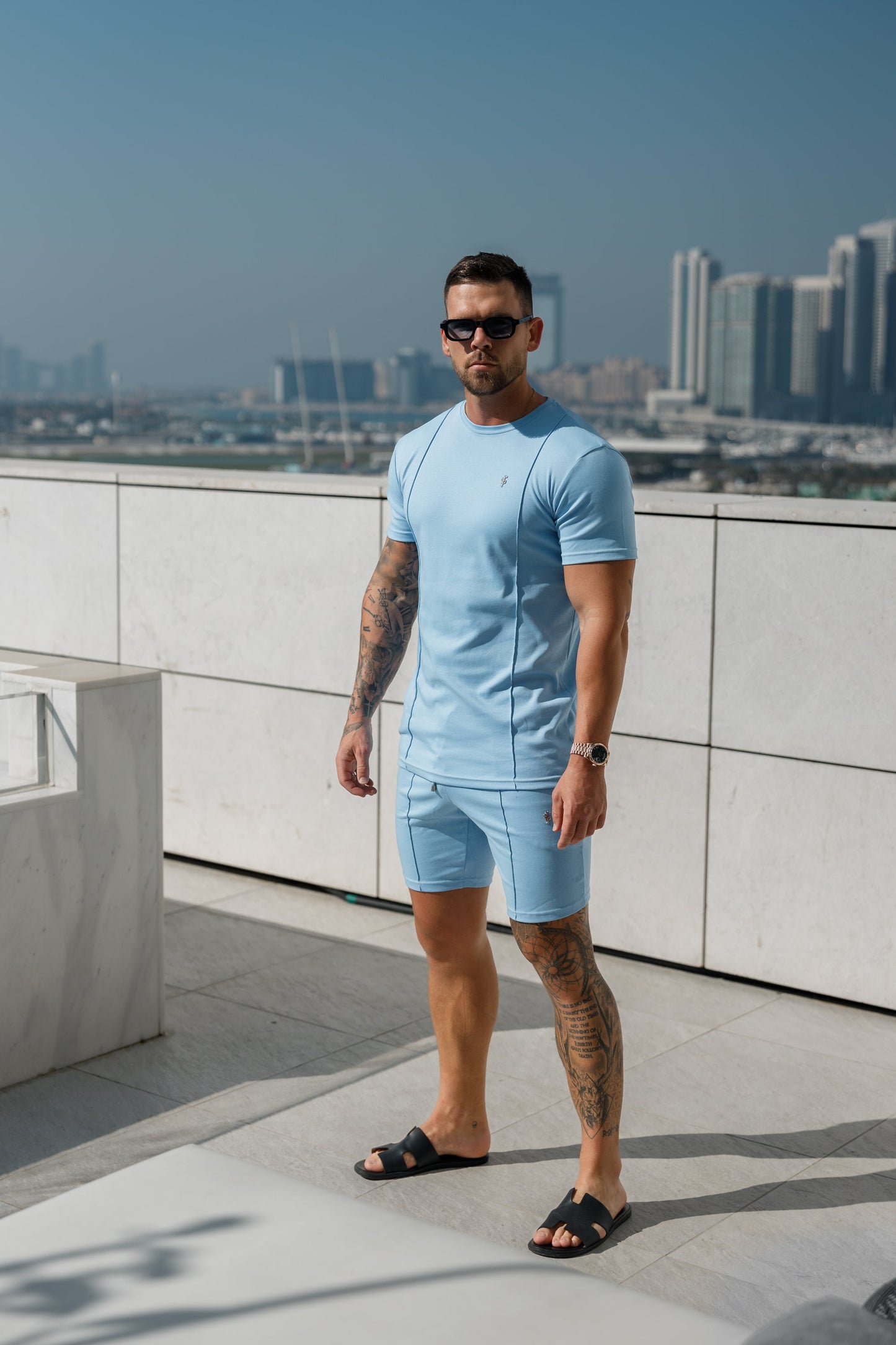 Elevate Your Style with Father Sons Light Blue & Silver Crew T-Shirt Featuring Elegant Pintuck Detail - FSH1051