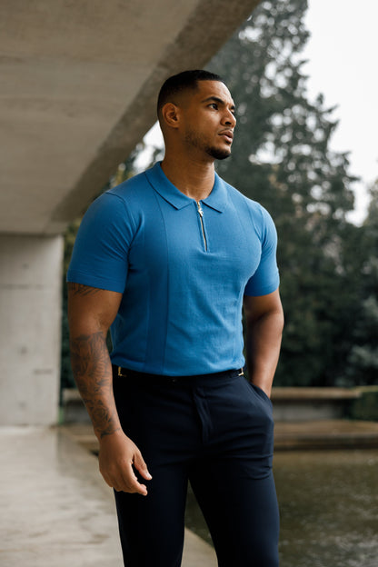 Elevate Your Style with the Father Sons Classic Mid Blue & Gold Short Sleeve Zip Polo Shirt - FSN134