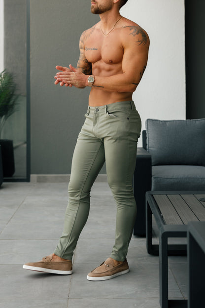 Chic Olive Slim Fit Stretch Sateen Trousers - FSH1145